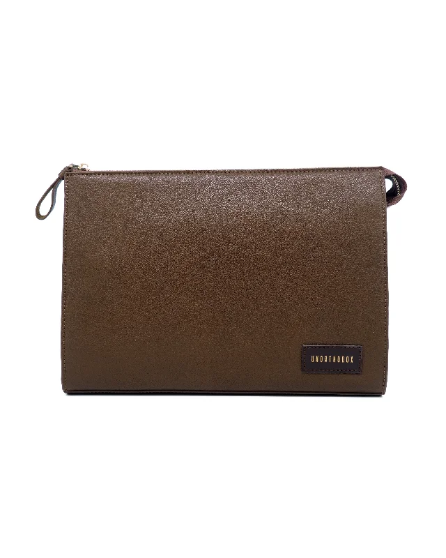 Khaki Full-Grain Tumbled Leather Zip Clutch