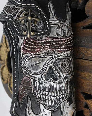 Handmade black leather punk vintage skull carved biker wallet Long wallet clutch for men