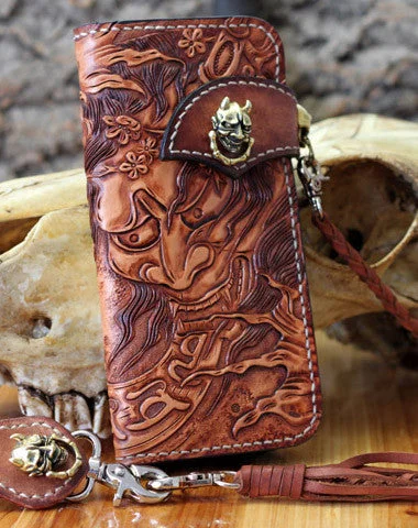 Handmade biker wallet leather Prajna Inuyasha carved biker wallet chian Long wallet clutch for men